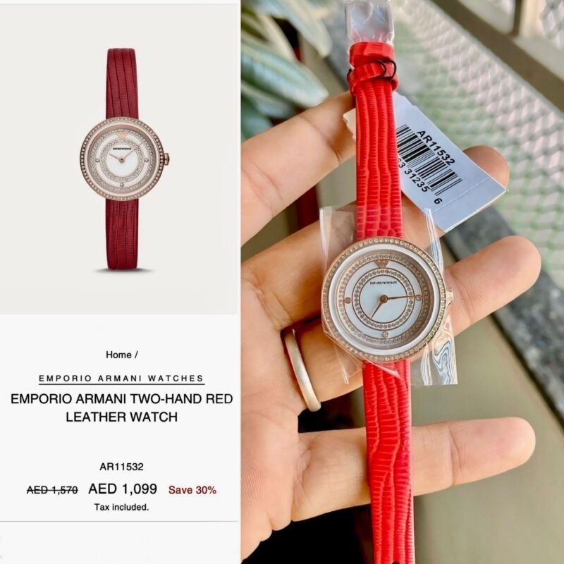 EMPORIO ARMANI TWO-HAND RED LEATHER WATCH